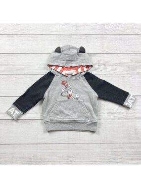 Dr Seuss Baby Hoodie Cat In The Hat Graphic Gray Black Ears 9-12 Months